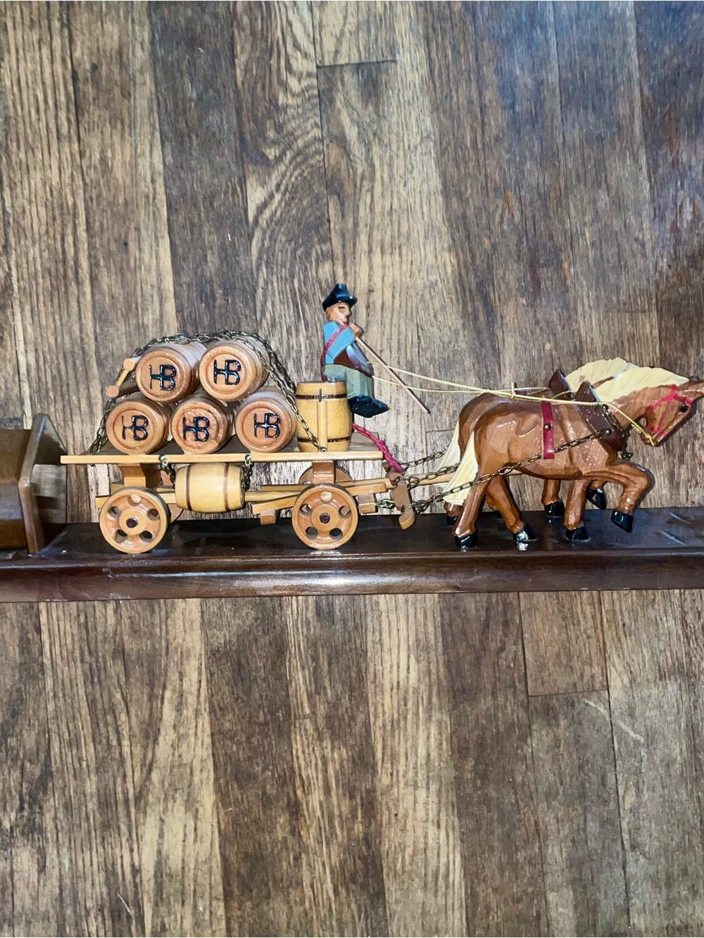 Vintage Wooden Horse Drawn Wagon with Barrels Figurine Decor HB German Beer